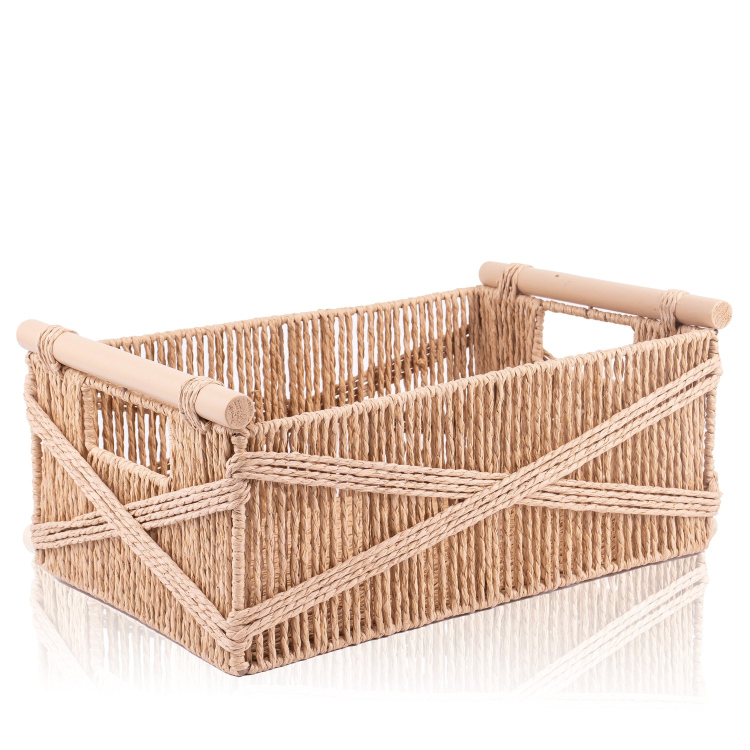 Caixa Retangular Em Madeira Detalhe Palha e Bambu 25x15